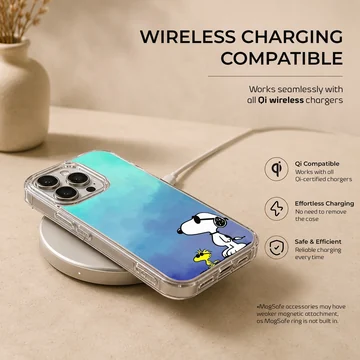 Snoopy and Woodstock standing together on a phone case — Charging