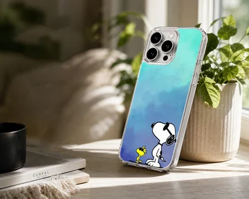 Snoopy and Woodstock standing together on a phone case — Lifestyle