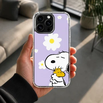 Snoopy with daisies on a purple phone case — Lifestyle