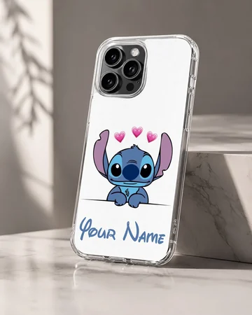 Cartoon Stitch design with hearts and a custom name on a phone case. — Hero