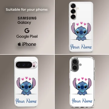 Cartoon Stitch design with hearts and a custom name on a phone case. — Collage