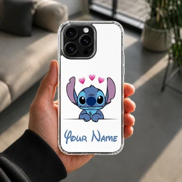 Cartoon Stitch design with hearts and a custom name on a phone case. — Lifestyle