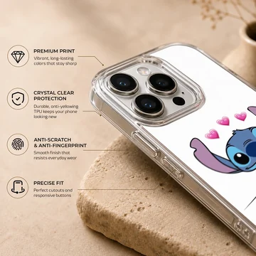 Cartoon Stitch design with hearts and a custom name on a phone case. — Info