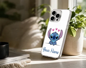 Cartoon Stitch design with hearts and a custom name on a phone case. — Lifestyle