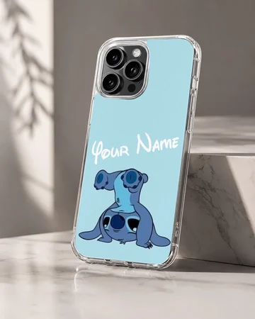 Cartoon character Stitch on custom phone case with personalized name option. — Hero