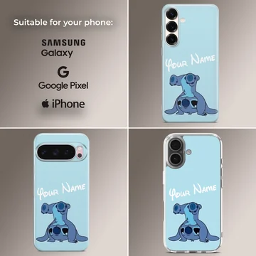 Cartoon character Stitch on custom phone case with personalized name option. — Collage