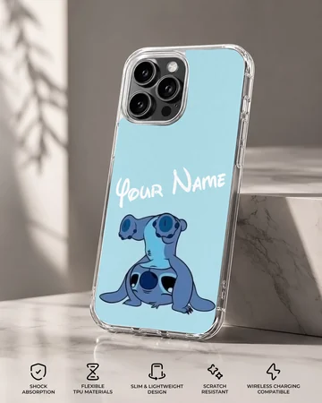 Cartoon character Stitch on custom phone case with personalized name option. — Specs