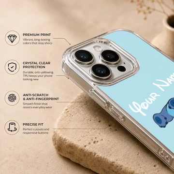 Cartoon character Stitch on custom phone case with personalized name option. — Info