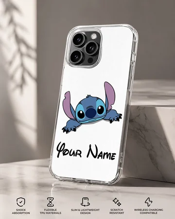 Stitch cartoon design with personalized name on phone case — Specs