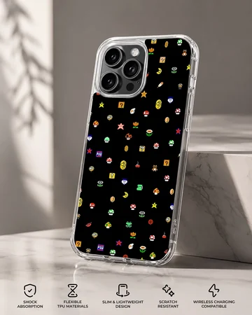 Super Mario inspired design phone case with iconic symbols — Specs