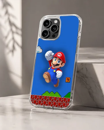 Super Mario character leaping with blue background on phone case — Hero