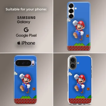 Super Mario character leaping with blue background on phone case — Collage