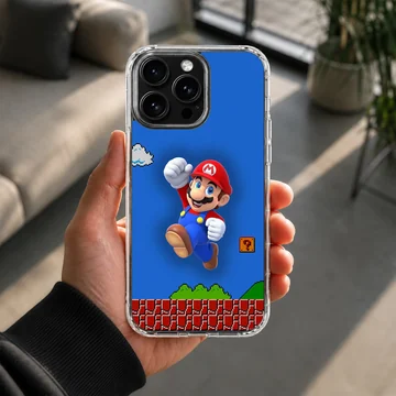 Super Mario character leaping with blue background on phone case — Lifestyle