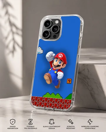 Super Mario character leaping with blue background on phone case — Specs