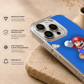 Super Mario character leaping with blue background on phone case — Info