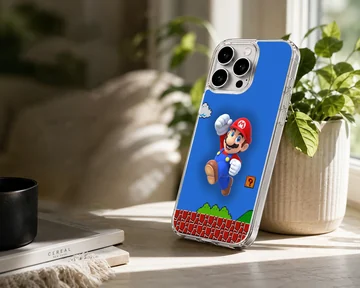 Super Mario character leaping with blue background on phone case — Lifestyle