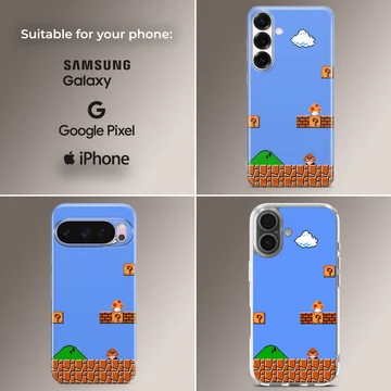 Super Mario scene with bricks and clouds printed on a phone case — Collage