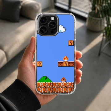 Super Mario scene with bricks and clouds printed on a phone case — Lifestyle