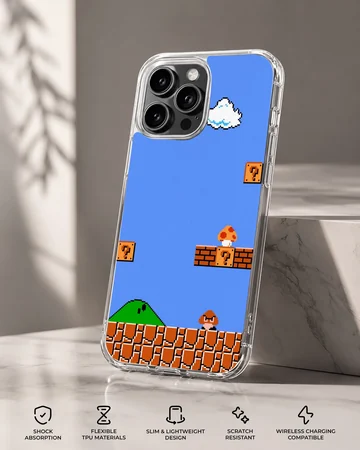 Super Mario scene with bricks and clouds printed on a phone case — Specs