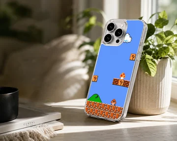 Super Mario scene with bricks and clouds printed on a phone case — Lifestyle