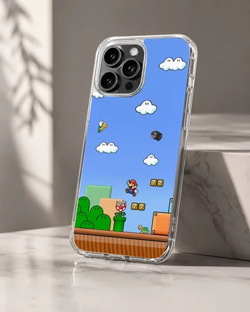 Super Mario game scene with clouds and characters on phone case — Hero