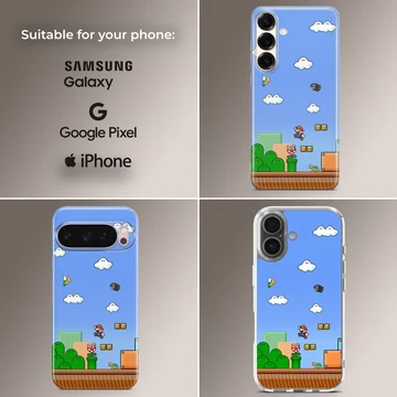Super Mario game scene with clouds and characters on phone case — Collage