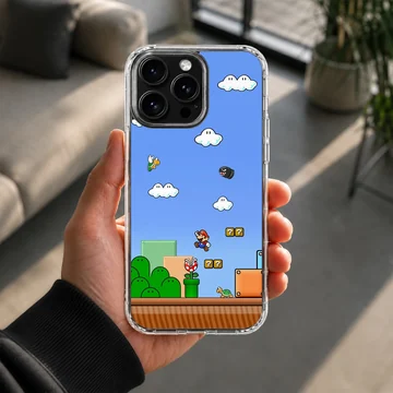 Super Mario game scene with clouds and characters on phone case — Lifestyle