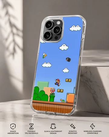 Super Mario game scene with clouds and characters on phone case — Specs