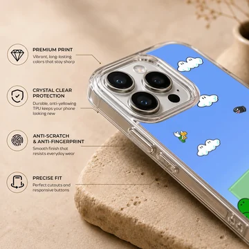Super Mario game scene with clouds and characters on phone case — Info