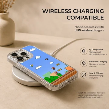 Super Mario game scene with clouds and characters on phone case — Charging