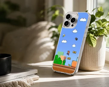 Super Mario game scene with clouds and characters on phone case — Lifestyle