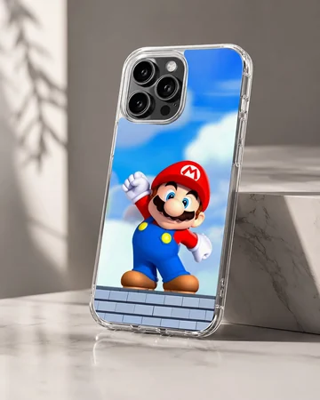 Super Mario character against a sky backdrop on a phone case — Hero