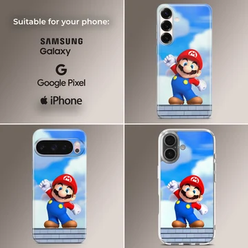 Super Mario character against a sky backdrop on a phone case — Collage