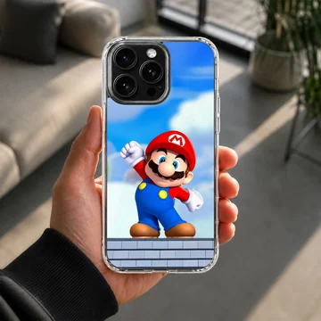 Super Mario character against a sky backdrop on a phone case — Lifestyle