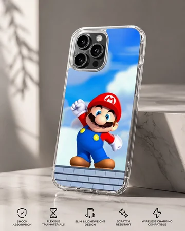 Super Mario character against a sky backdrop on a phone case — Specs