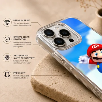 Super Mario character against a sky backdrop on a phone case — Info