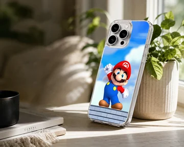 Super Mario character against a sky backdrop on a phone case — Lifestyle