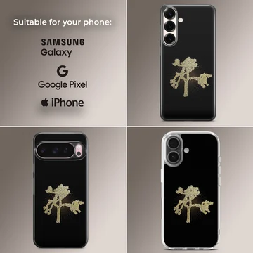 U2203 phone case with a minimalist gold tree design. — Collage