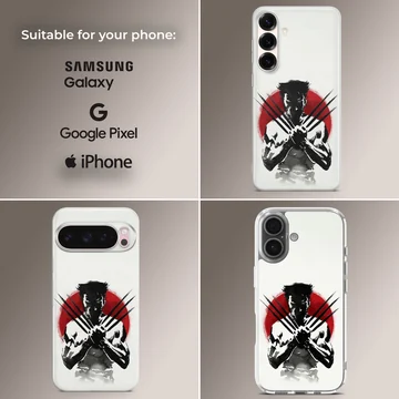 Phone case with edgy Wolverine illustration on a red and white background. — Collage