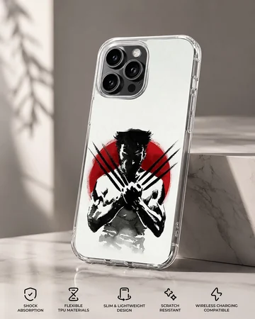 Phone case with edgy Wolverine illustration on a red and white background. — Specs
