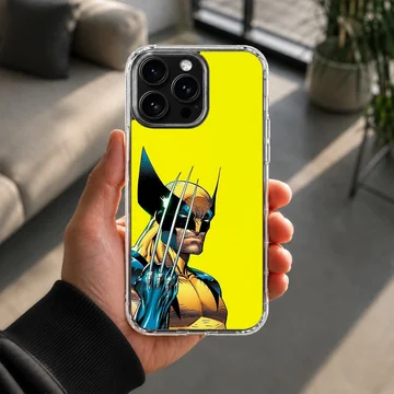 Wolverine artwork on phone case with dynamic yellow background — Lifestyle