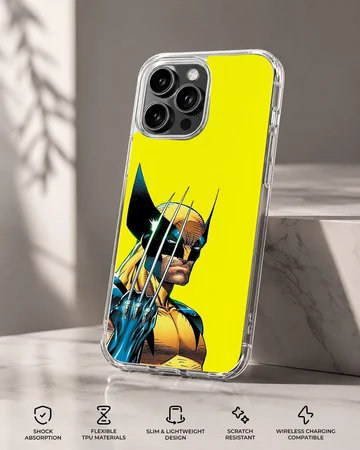 Wolverine artwork on phone case with dynamic yellow background — Specs