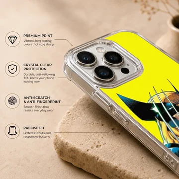 Wolverine artwork on phone case with dynamic yellow background — Info