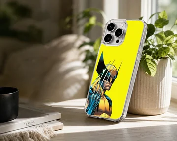 Wolverine artwork on phone case with dynamic yellow background — Lifestyle