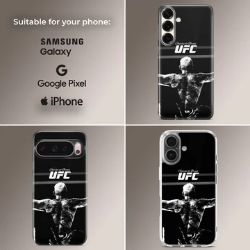 Monochrome fighter artwork printed on a matte phone case — Collage