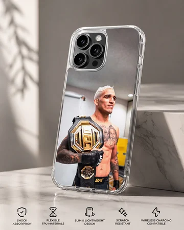 Charles Oliveira holding a gold championship belt printed on a matte phone case — Specs