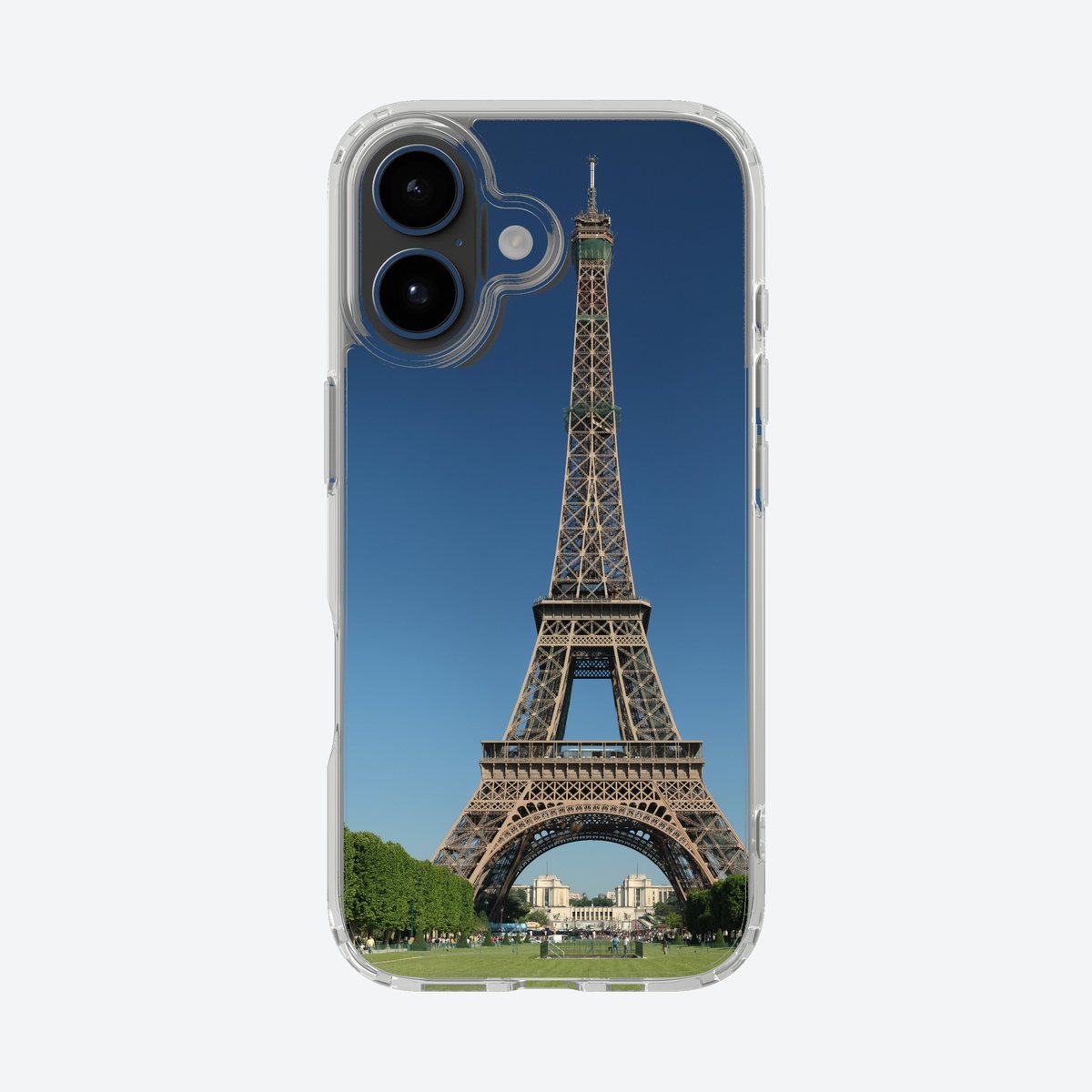 Finished custom phone case printed with an Eiffel Tower photo, shown on an iPhone